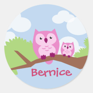 Sticker Rond Maman et bébé roses mignons de hibou