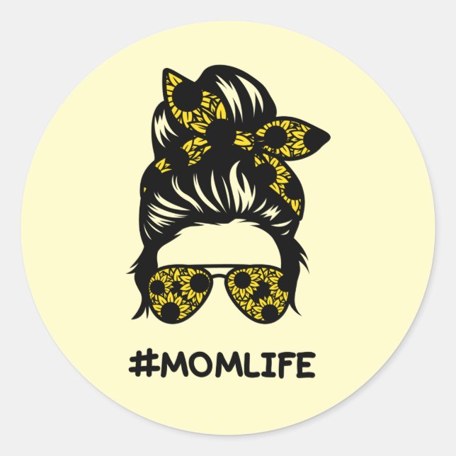 Sticker Rond Maman #momlife fleur de soleil désordonnée (Devant)