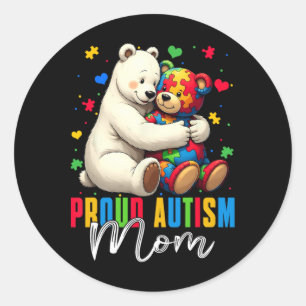 Sticker Rond Maman ours autiste fière, ours de la sensibilisati