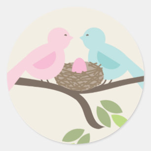 Sticker Rond Maman & Papa Oiseaux & Baby shower d'oeufs roses