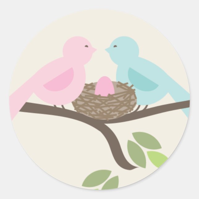 Sticker Rond Maman & Papa Oiseaux & Baby shower d'oeufs roses (Devant)