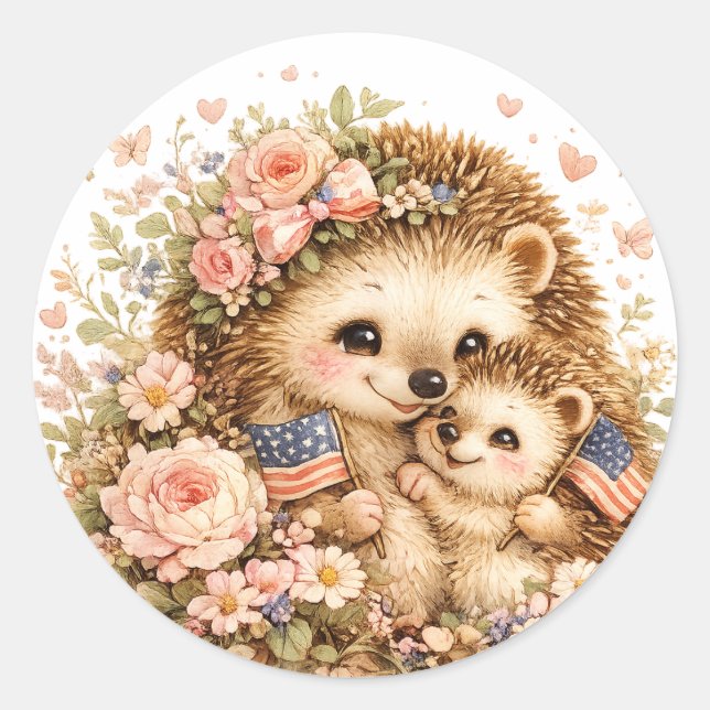 Sticker Rond Maman patriote & Bébé Hérisson Art à l'aquarelle (Devant)