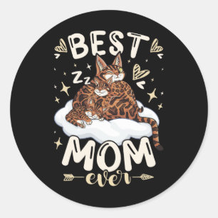 Sticker Rond Maman pour toujours, chat Bengal 2 chatons, fête d