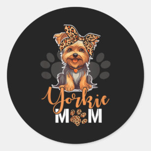 Sticker Rond Maman Yorkie amoureux de chien léopard yorkshire f