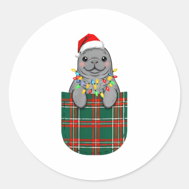 Sticker Rond Manatee Buffalo Plaid Green Red White Cket Christm (Devant)