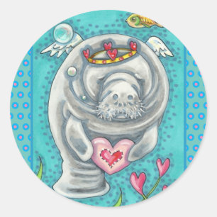 STICKER ROND MANATEE CUPID, BUBBLES & COEURS COLORÉ VALENTINE
