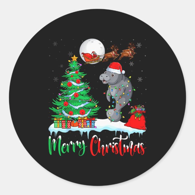 Sticker Rond Manatee Santa Hat Xmas Tree Merry Christmas Manate (Devant)