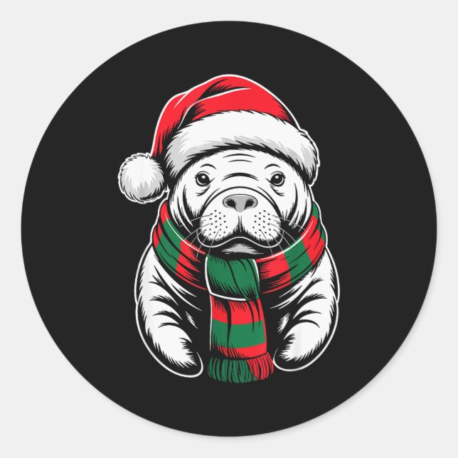Sticker Rond Manatee Xmas Santa Hat F Christmas Costume  (Devant)
