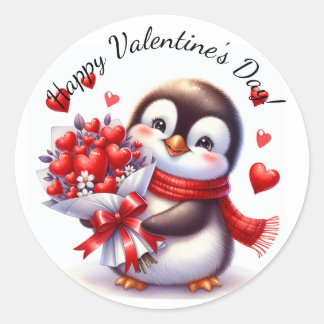 Sticker Rond Manchot de la Saint-Valentin Cœurs Rouges Mignons