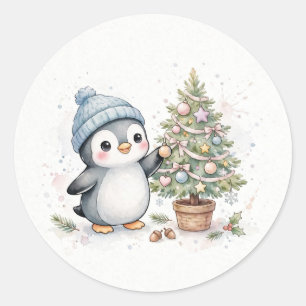 Sticker Rond Manchot décorant un arbre de Noël