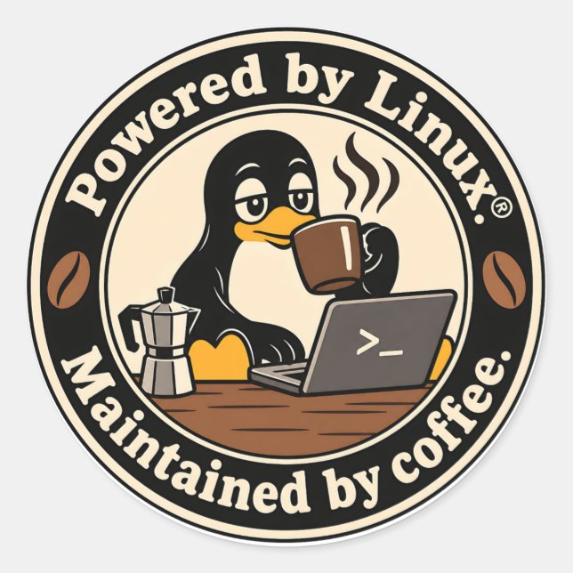 Sticker Rond Manchot Linux Tux et café (Devant)