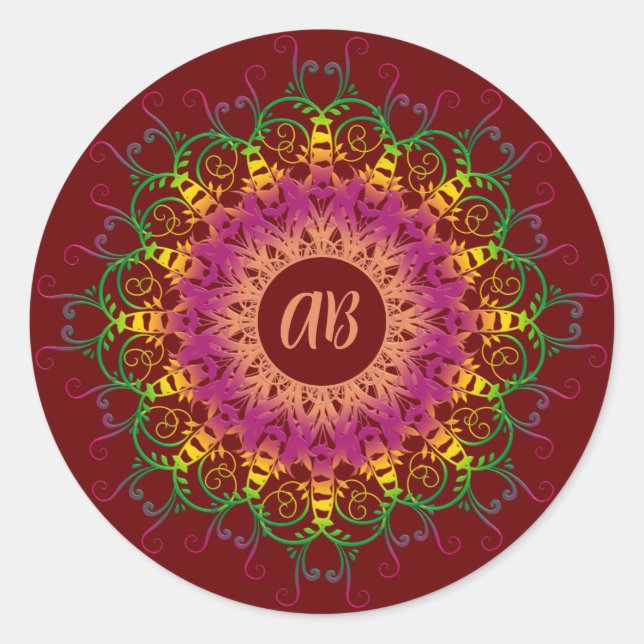 Sticker Rond Mandala à fleurs ethniques multicolores. (Devant)