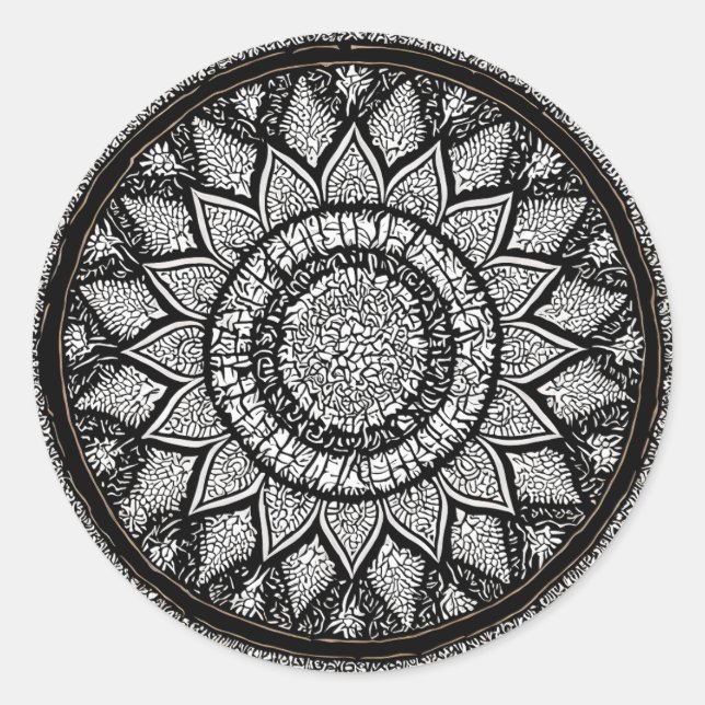 STICKER ROND MANDALA ARTS - NOIR ET BLANC - STYLE FLEURI (Devant)