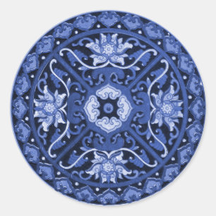 Sticker Rond Mandala blanc et bleu chinois antique
