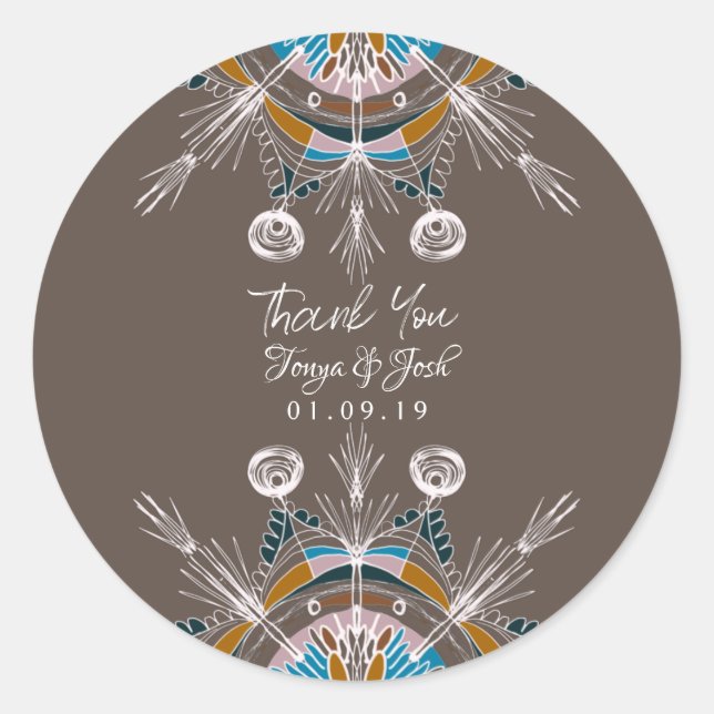 Sticker Rond Mandala Bohemian Coloring Merci Mariage Brown (Devant)