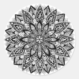 Sticker Rond Mandala de fleur noir et blanc
