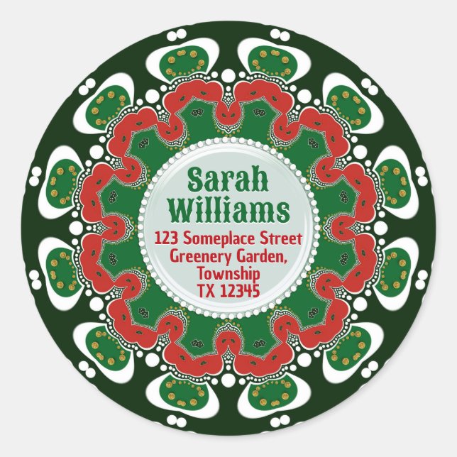 Sticker Rond Mandala de vacances Red Green avec nom et adresse  (Devant)