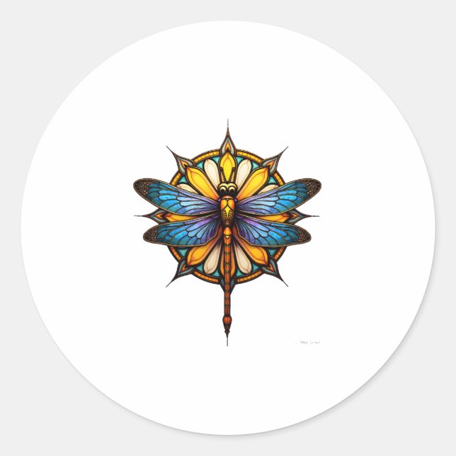 Sticker Rond Mandala Dragonfly Luminous Sacred Geometry Spiritu (Devant)