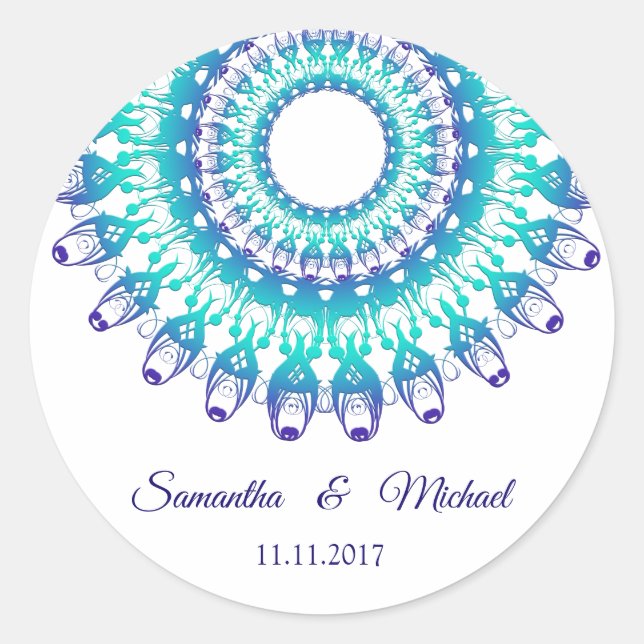 Sticker Rond Mandala ethnique turquoise. monogramme. (Devant)