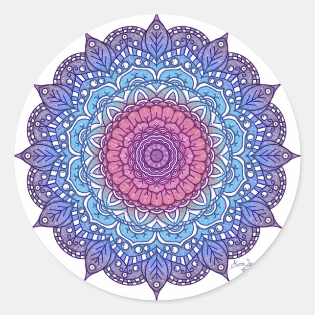 Sticker Rond Mandala feuille de fleurs violettes (Devant)