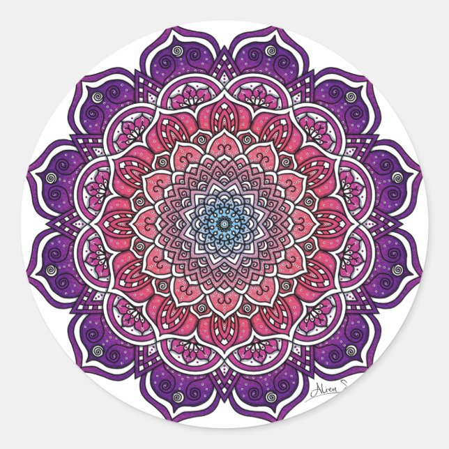 Sticker Rond Mandala Florale rose-pourpre (Devant)