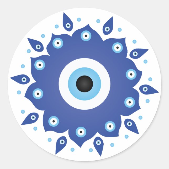 Sticker Rond Mandala Grec Mal Oeil Bleu Blanc (Devant)