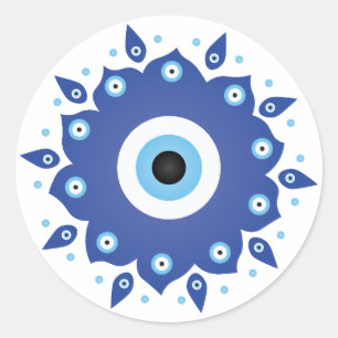 Sticker Rond Mandala Grec Mal Oeil Bleu Blanc