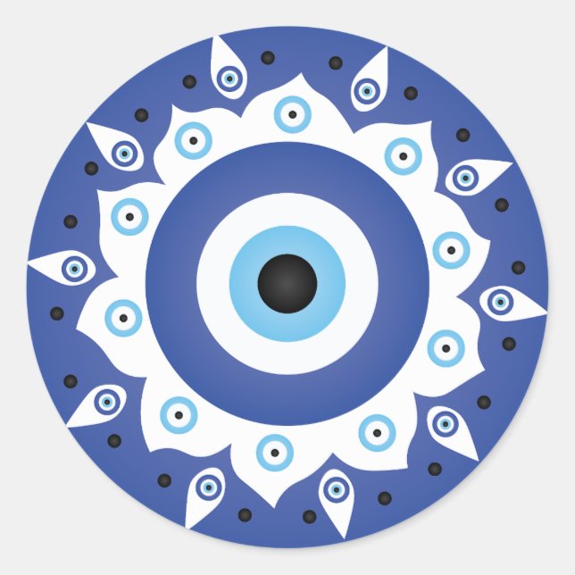 Sticker Rond Mandala Grec Mal Oeil Bleu Blanc (Devant)