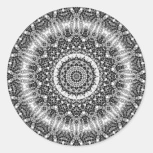 Sticker Rond Mandala kaléidoscope en noir et blanc