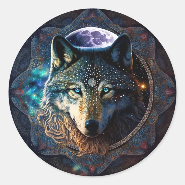 Sticker Rond Mandala, la lune mystique du loup (Devant)