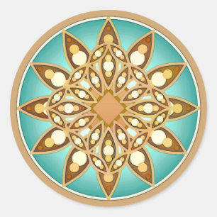 Sticker Rond Mandala motif en bronze, crème et turquoise
