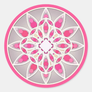 Sticker Rond Mandala motif en rose fushia, blanc et gris
