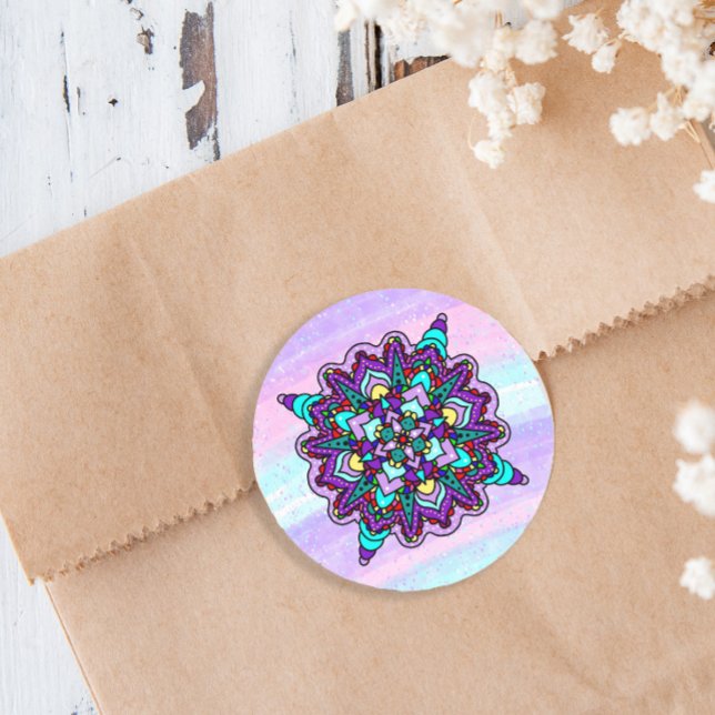Sticker Rond Mandala mystique coloré en violet et bleu (Créateur téléchargé)