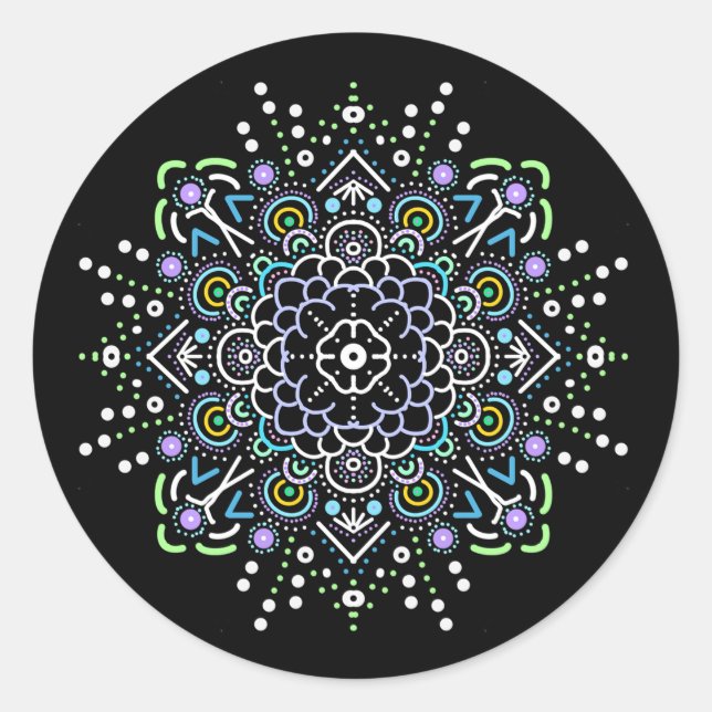 Sticker Rond Mandala noir, violet et vert (Devant)