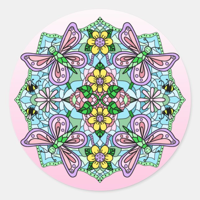 Sticker Rond Mandala, papillon lunaire tiré à la main (Devant)
