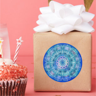 Sticker Rond Mandala White Outline bleu Aquarelle -