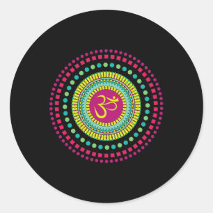 Sticker Rond Mandala Yoga Spirituel Symbole Om Rose Et Vert Je