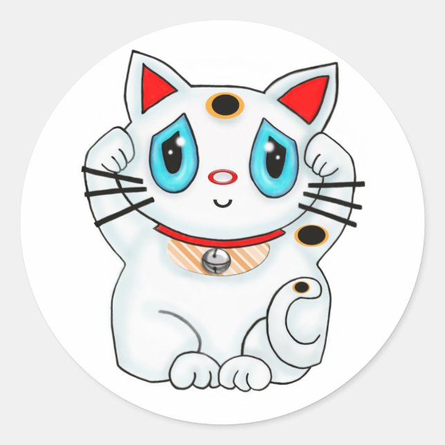Sticker Rond Maneki Neko Chat blanc Lucky Beckoning (Devant)