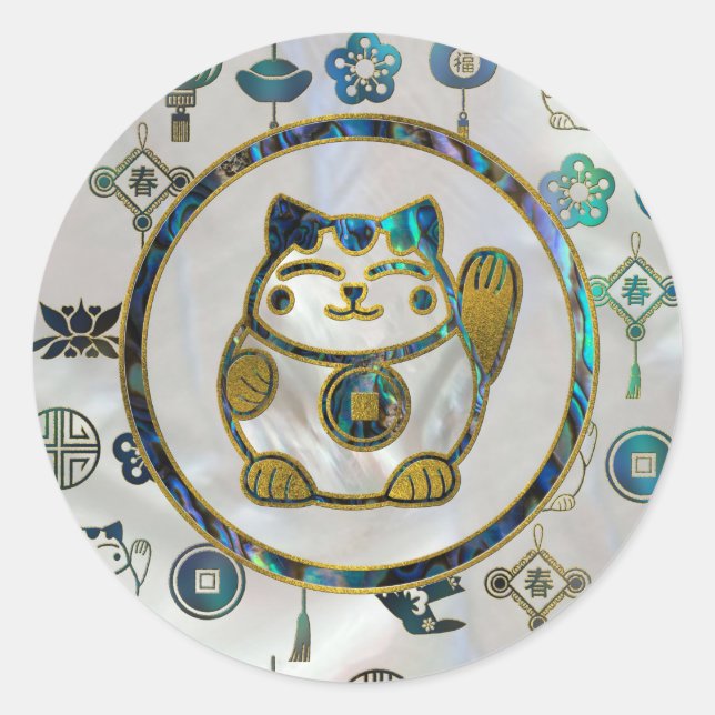 Sticker Rond Maneki Neko Chat Lucky sur perle et ormeau (Devant)