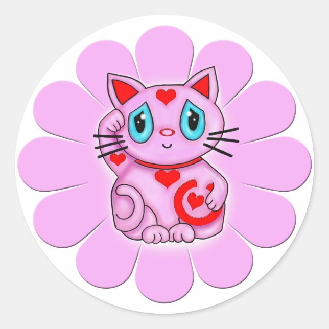 Sticker Rond Maneki Neko Rose Chat à Beckoning (Devant)