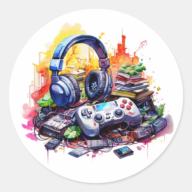 Sticker Rond Manette de jeu vidéo, Casque, Bandes dessinées pou (Devant)