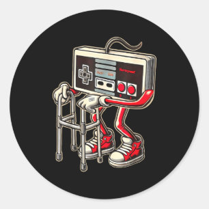 Sticker Rond Manette de jeu vidéo rétro avec déambulateur drôle