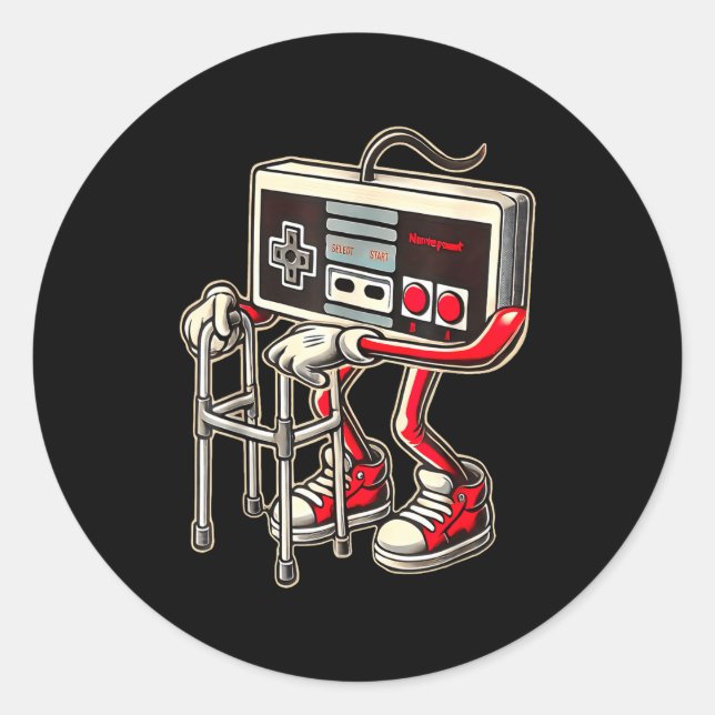 Sticker Rond Manette de jeu vidéo rétro avec déambulateur drôle (Devant)