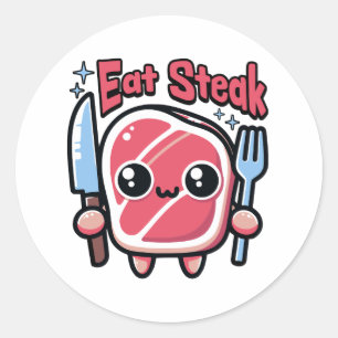 Sticker Rond Mange du steak ! Cartoon Cute Steak