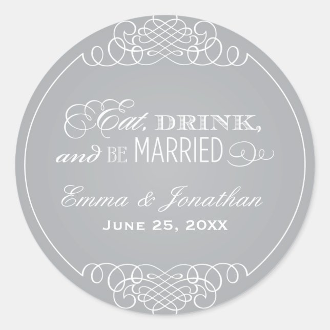 Sticker Rond Manger Boire Être Marié Monogramme Argent (Devant)