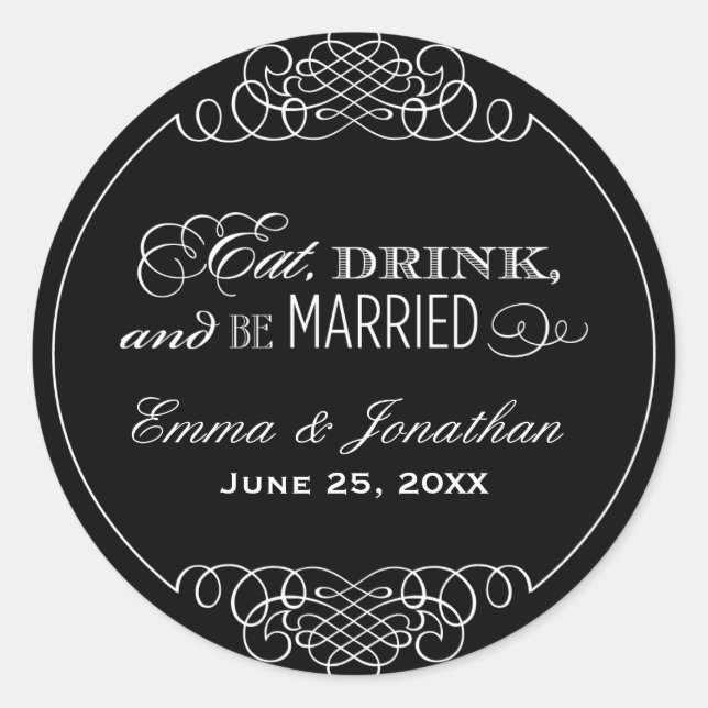 Sticker Rond Manger Boire Être Marié Monogramme Noir (Devant)