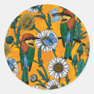 Sticker Rond Mangeurs d'abeilles, papillons bleus et marguerite