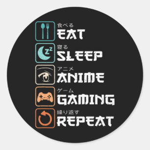 Sticker Rond Mangez Sleep Anime Jeu Répétez Fun Otaku Gamer