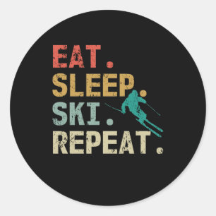 Sticker Rond Mangez Sleep Ski Répéter Retro Skier Vintage