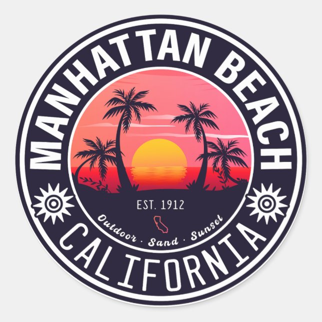 Sticker Rond Manhattan Beach California Retro Sunset Souvenirs (Devant)
